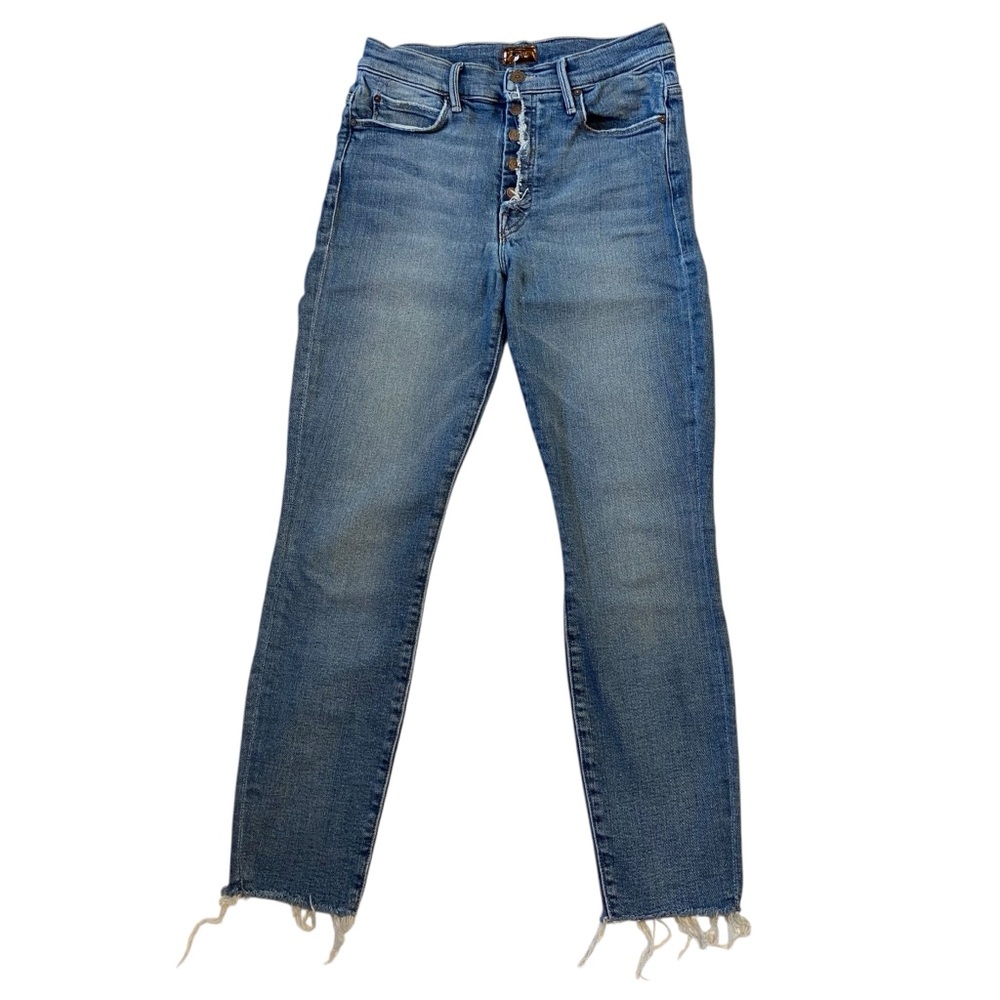 MOTHER Fly Cut Stunner Ankle Fray Jeans Button Distressed Raw Hem Blue Size 27